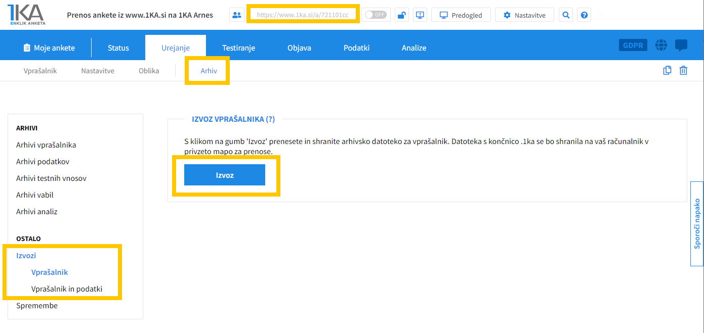 Izvoz arhivske datoteke vprašalnika