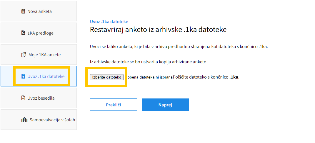 Uvoz 1KA ankete (datoteke v formatu .1ka)