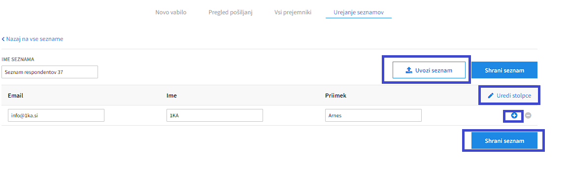 Nov seznam prejemnikov, uredi stolpce, pošiljanje vabil